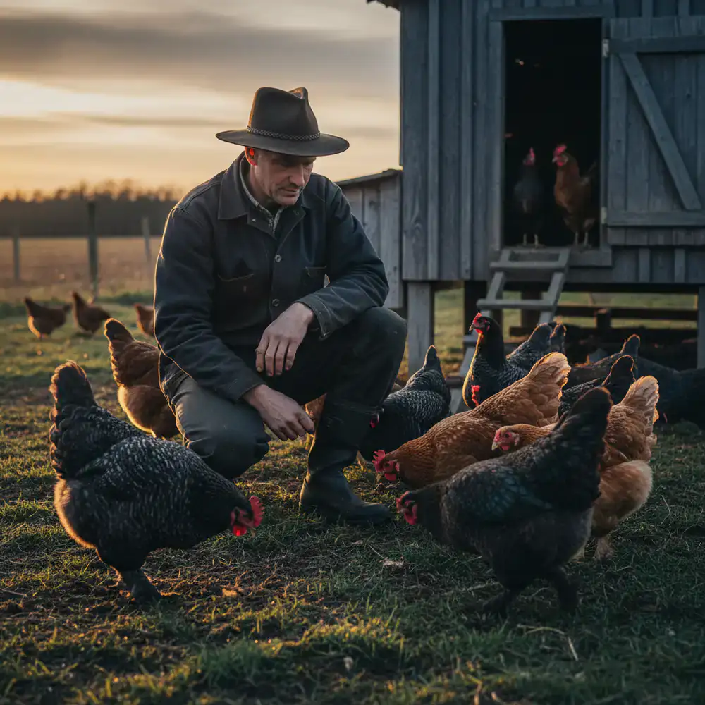 Farmer inspecting a flock of heritage chickens