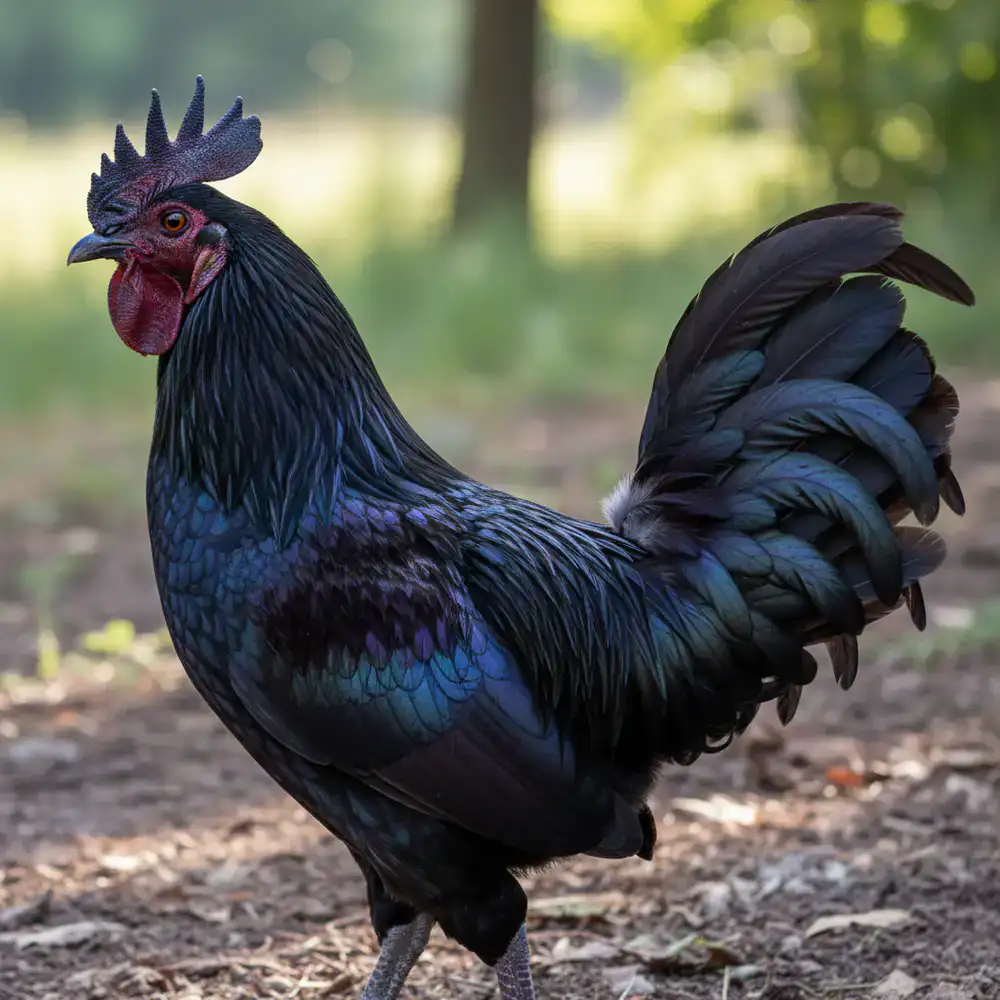 Detailed side profile of a heritage rooster showing feather structure