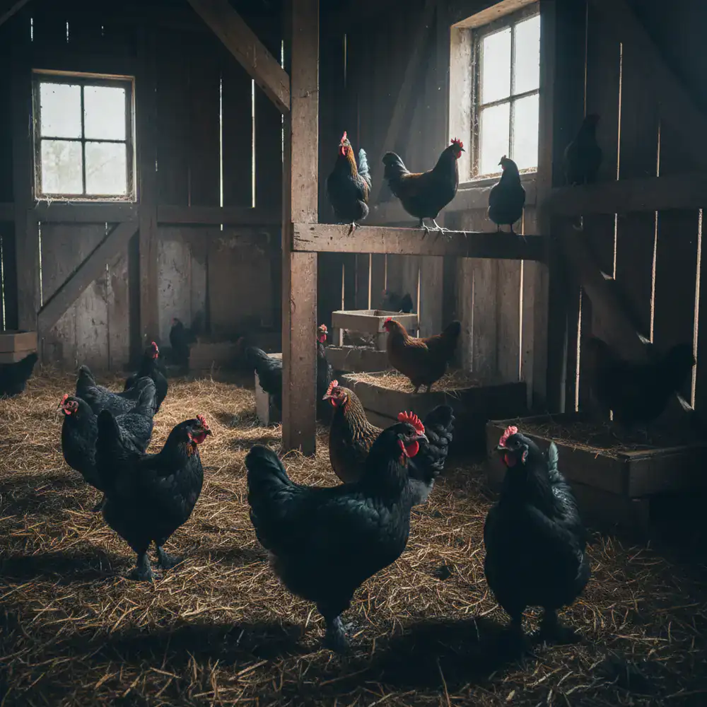 Heritage poultry flock in a dim barn setting