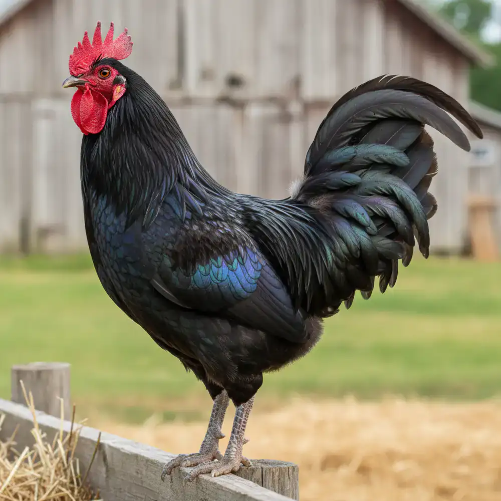 Mature heritage rooster showing pristine plumage