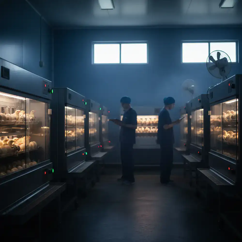 Hatching eggs in the incubation facility